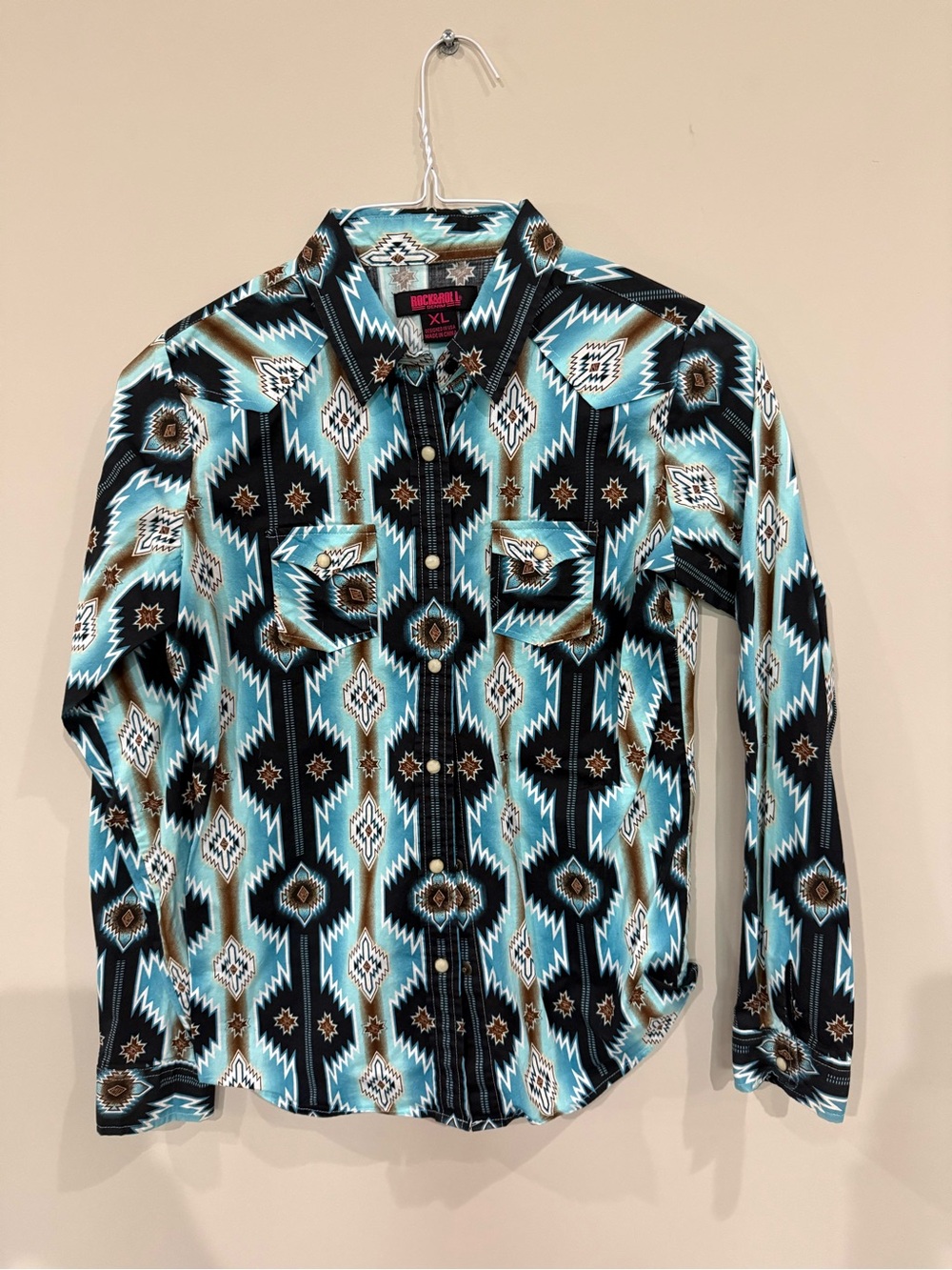 Rock & Roll Cowgirl Turquoise Aztec Button-Down Shirt